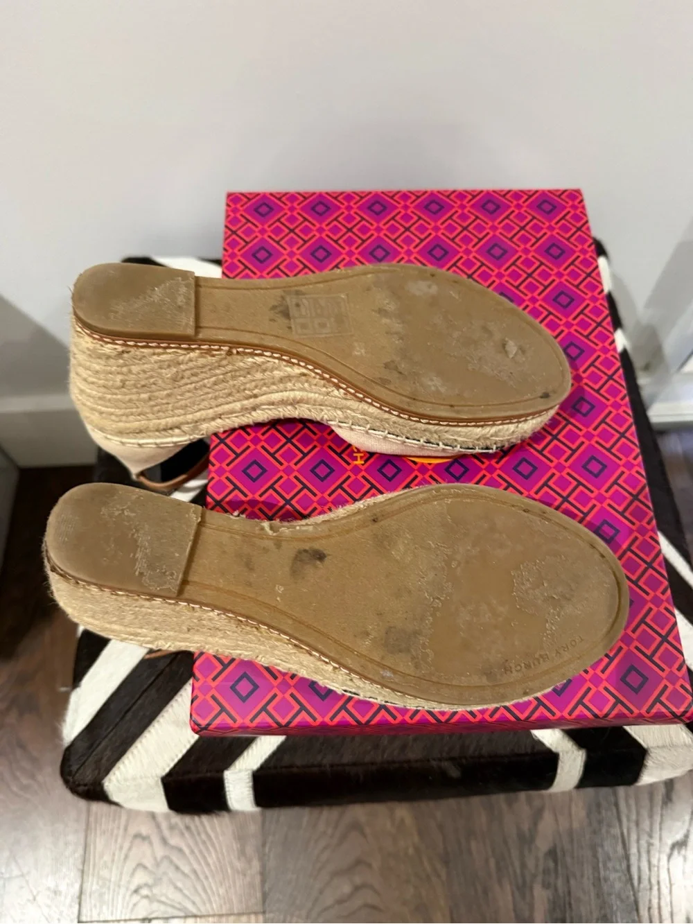 Tory Burch Cream Canvas Espadrille Wedge with Black Cap Toe
